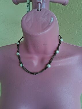 Pearl Bead Knotted Cord Necklace - White Pearls on Brown Cord